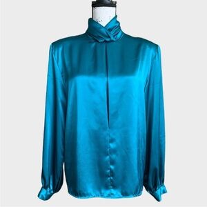 Vintage San Andre' Teal Blue Satin Dress Blouse